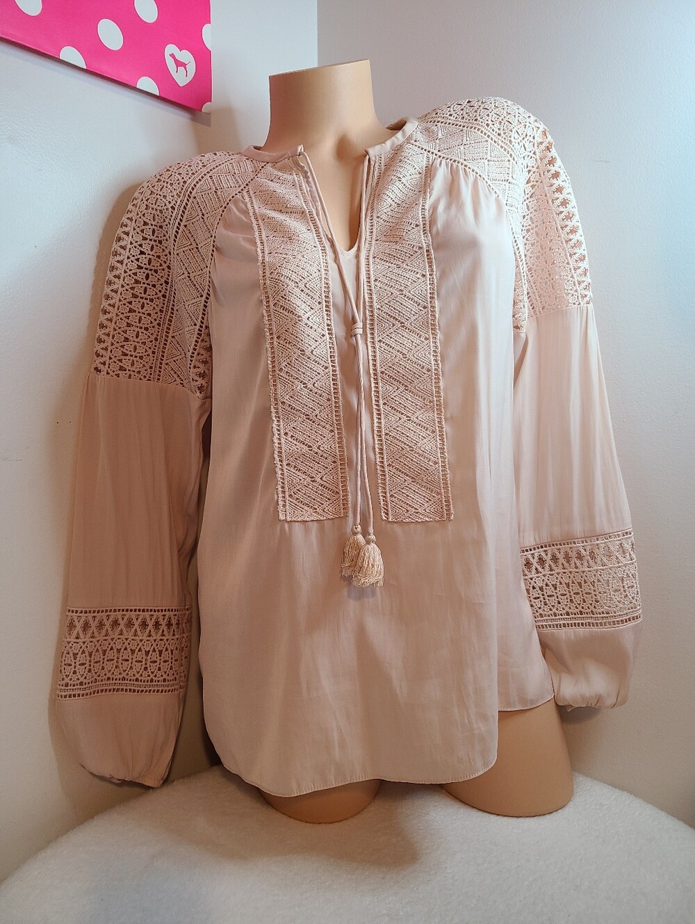 Ramy Brook Silky Satin Cream Lace Trim Tassel Tie Peasant Top Size XS